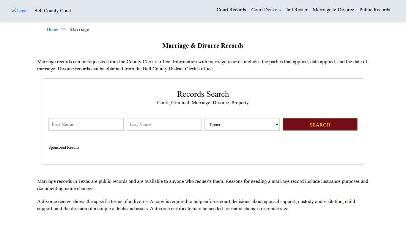 Marriage & Divorce Records Bell County Court